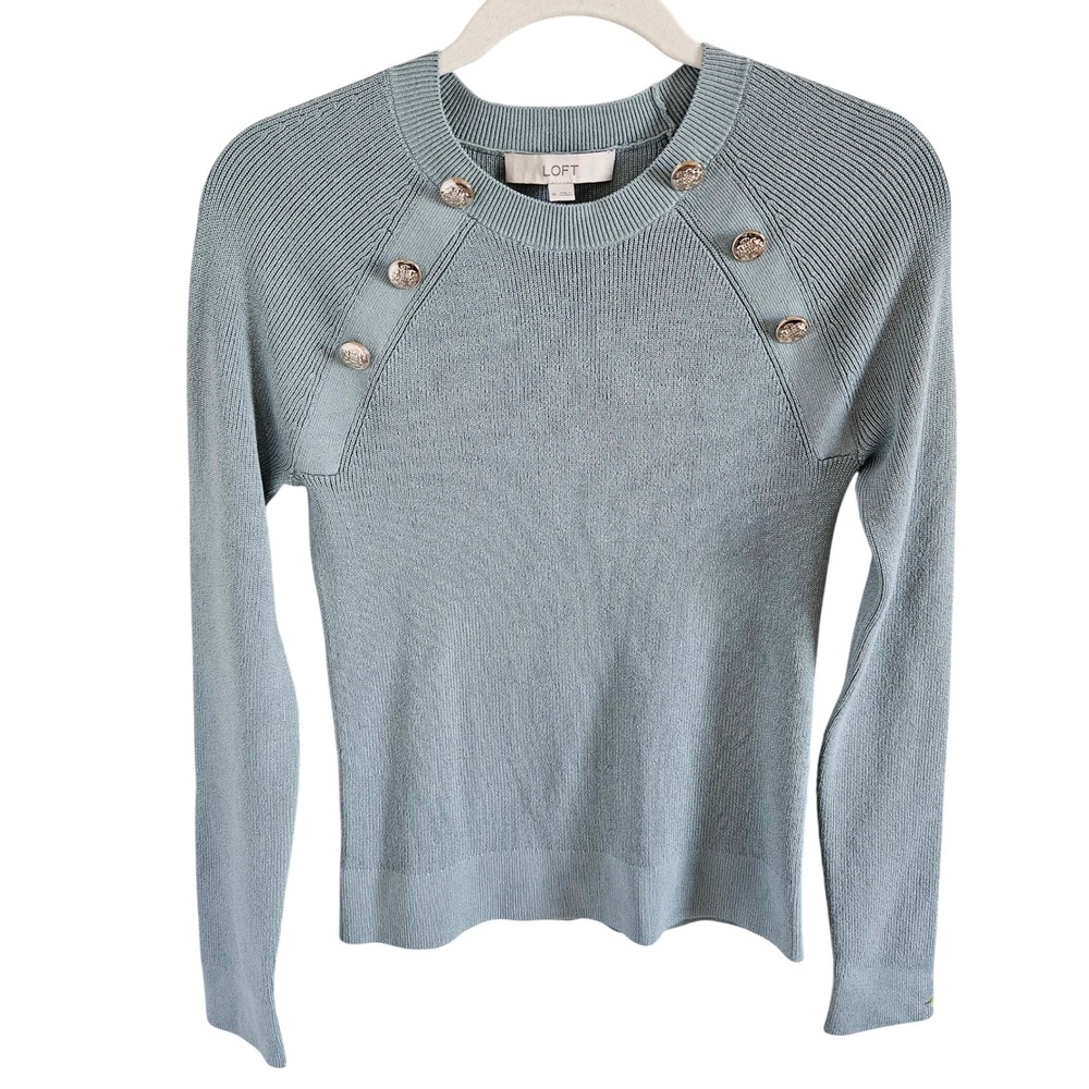 LOFT Womens Light Sage Gold Button Shoulder Raglan Long Sleeve Sweater Size M